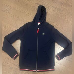 Lacoste Dark Blue Hoodie with Bright Red Zipper